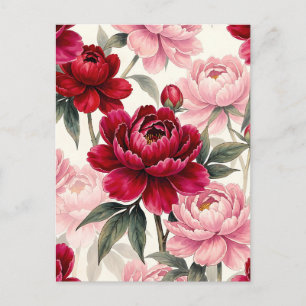 Deep Red and Pink Peony Floral Watercolor Pattern Postcard