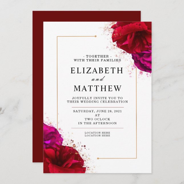 Deep Red and Pink Rose with Gold Ornate border Invitation (Front/Back)
