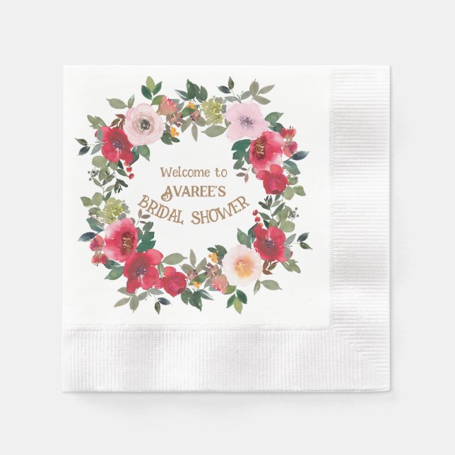 Deep Red  and Pink Watercolor Roses Bridal Shower  Napkin (Front)