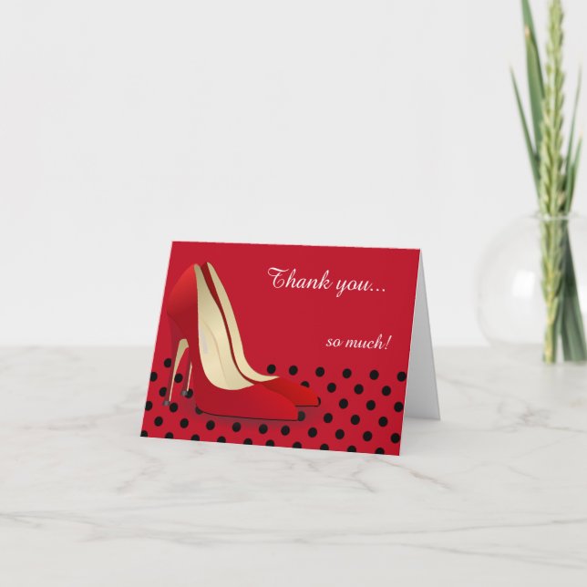 Deep Red, Black Polka Dots and Red Pumps Thank You Card (Front)