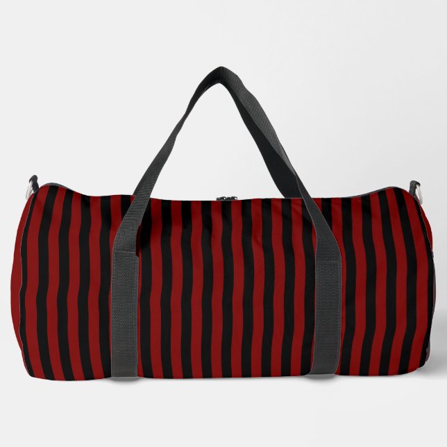 Deep Red & Black Stripes on White | Bold, Stylish  Duffle Bag (Front)