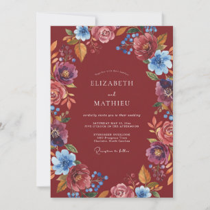 Deep Red Blue Watercolor Floral Wedding Invitation