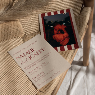 Deep Red Blue Whimsical Modern Photo Wedding Invitation