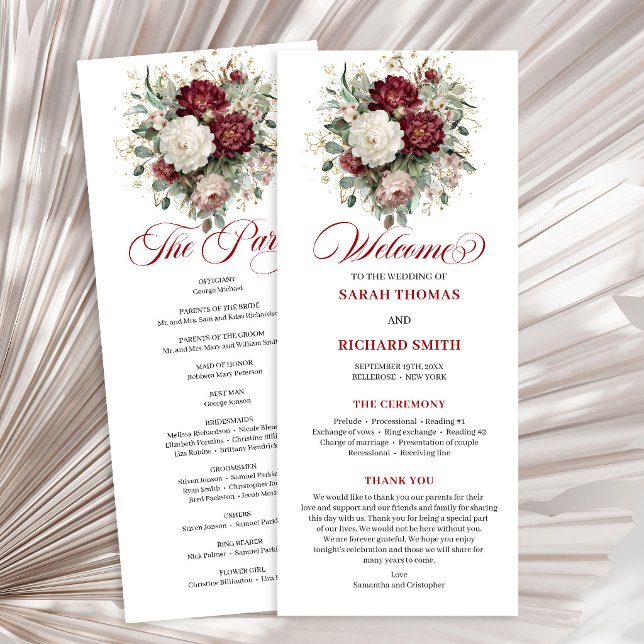 Deep Red Blush Burgundy Floral Wedding Program Programme (Deep Red Blush Burgundy Floral Wedding Program)
