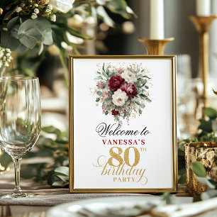 Deep red blush floral 80th birthday 8x10 welcome poster