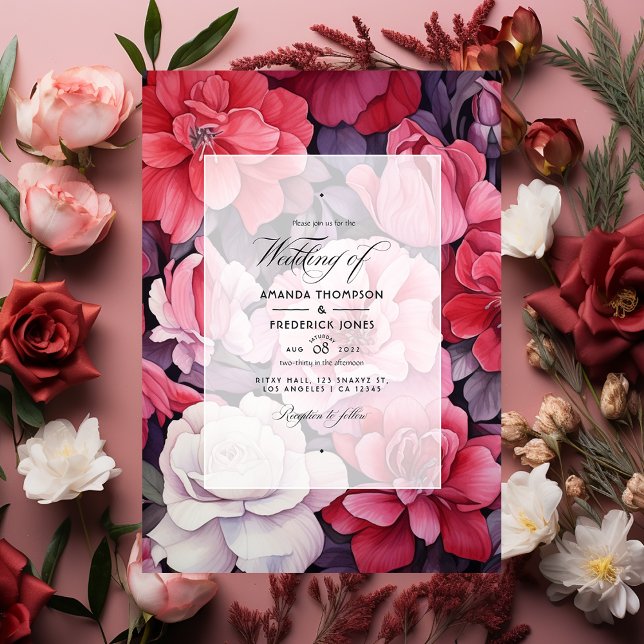 Deep Red, Blush Pink and Silver Floral Wedding Invitation (Creator Uploaded)