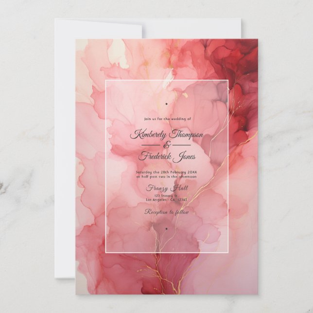 Deep Red, Blush Pink and Silver Ink Wedding Invitation (Front)