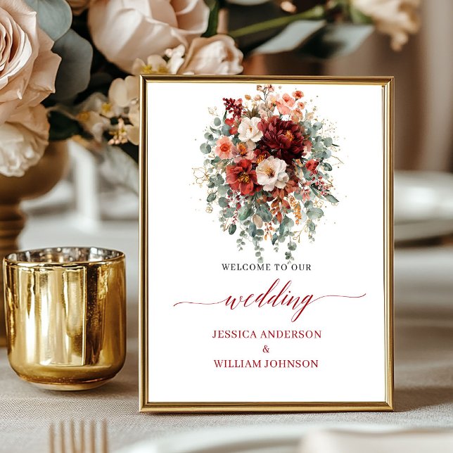 Deep Red Boho Eucalyptus Tabletop Wedding Welcome  Poster (Deep Red Boho Eucalyptus Tabletop Wedding Welcome Sign

)