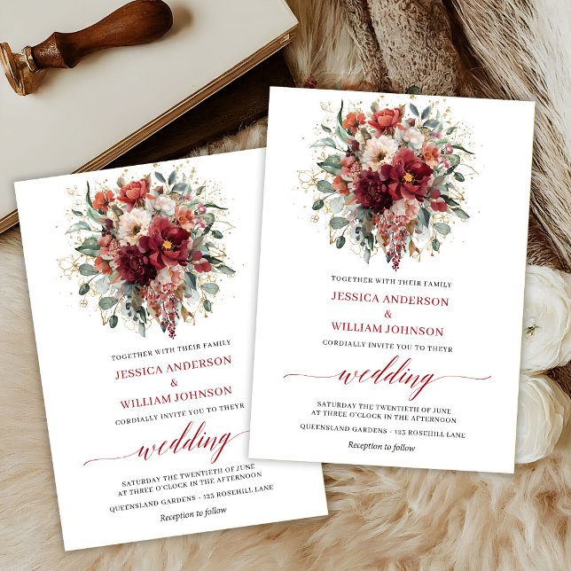 Deep Red Boho Floral Fall Eucalyptus Wedding   Invitation (Deep Red Boho Floral Fall Eucalyptus Wedding Invite

)