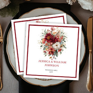 Deep Red Boho Floral Fall Eucalyptus Wedding Napkin