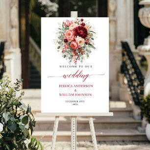 Deep Red Boho Flowers Autumn Eucalyptus Welcome Poster