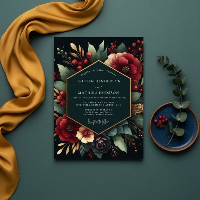 Deep Red Botanical Luxe Wedding Invitation (Creator Uploaded)
