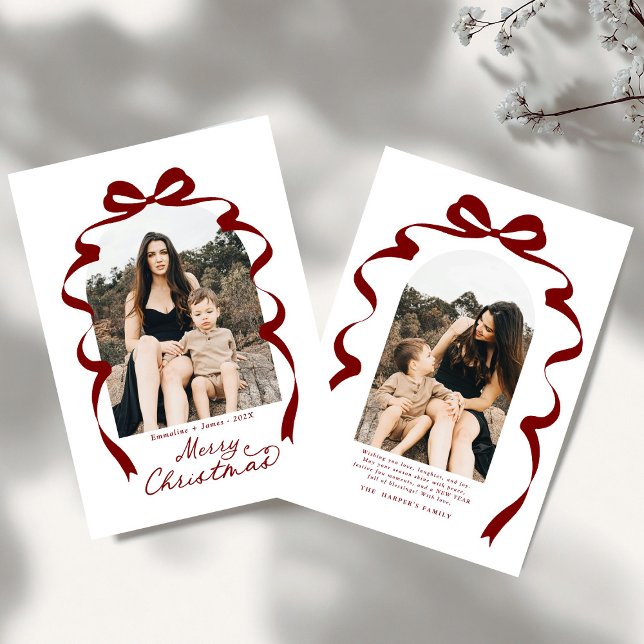 Deep Red Bow Photo Merry Christmas Arch Holiday Card (Creator Uploaded)