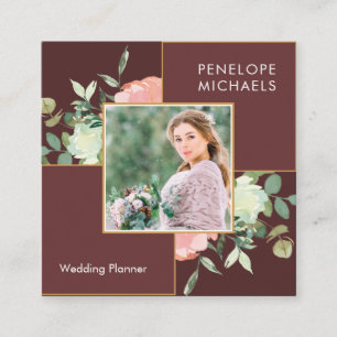 Deep Red Brown with Floral Bouquet Photo Square Business Card