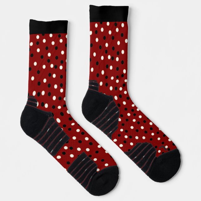 Deep Red Burgundy Black & White Poke A Dots Design Socks (Right)
