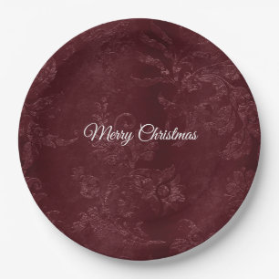 Deep Red Burgundy Floral Christmas Paper Plate