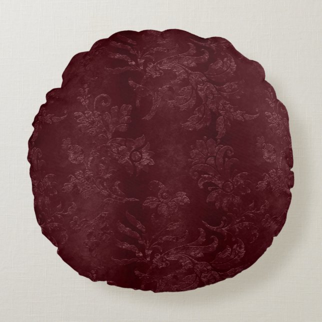 Deep Red Burgundy Floral Christmas Round Cushion (Front)