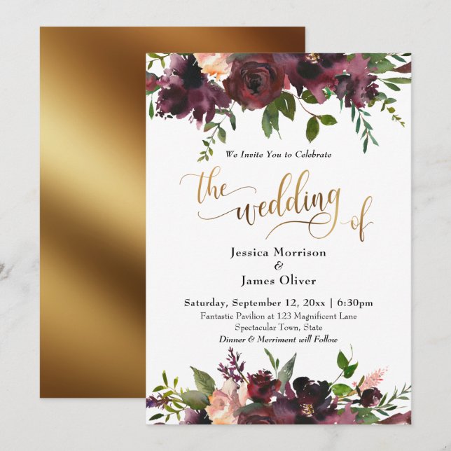 Deep Red Burgundy Floral Gold Typography Wedding Invitation (Front/Back)