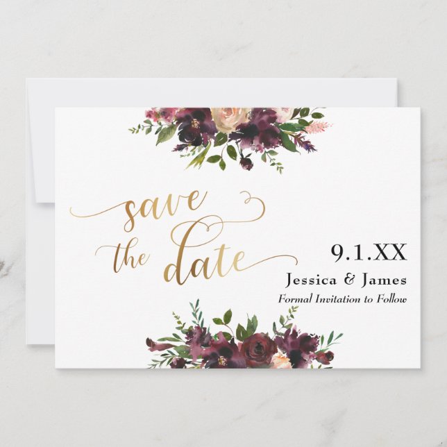 Deep Red Burgundy Floral Save the Date Gold Script (Front)