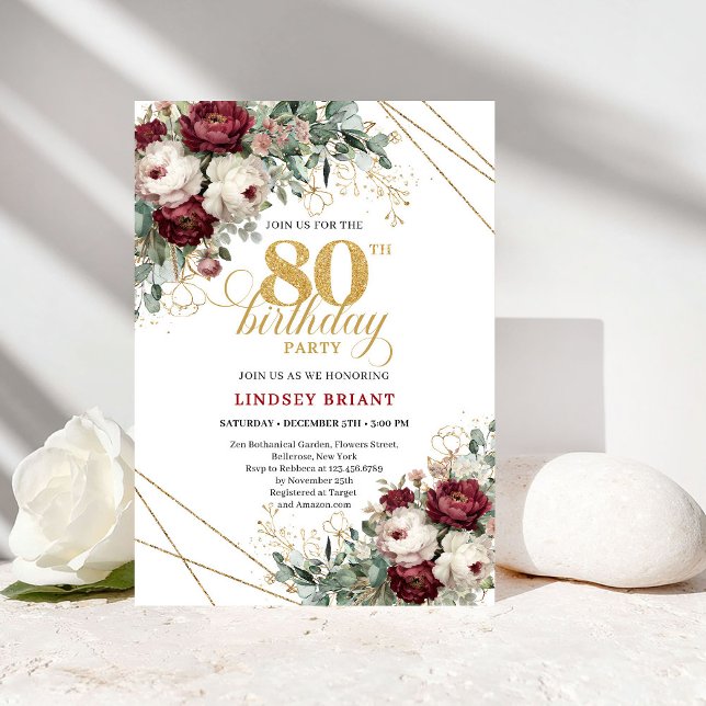Deep Red Burgundy Flowers Eucalyptus 80th Birthday Invitation (Deep Red Burgundy Flowers Eucalyptus 80th Birthday)
