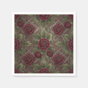 Deep Red Burgundy Roses Green Ornate Lattice Napkin
