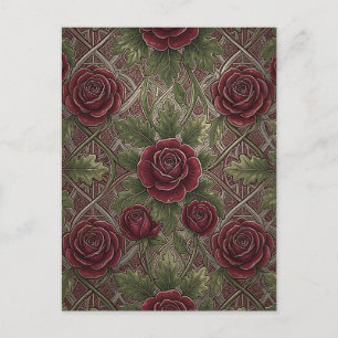Deep Red Burgundy Roses Green Ornate Lattice Postcard