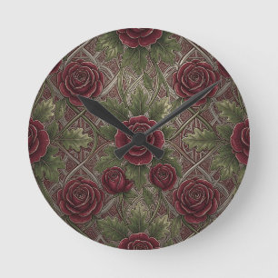 Deep Red Burgundy Roses Green Ornate Lattice Round Clock
