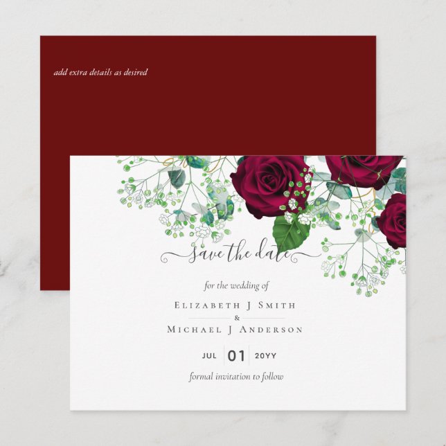 Deep Red Burgundy Roses Wedding Save Date Postcard (Front/Back)