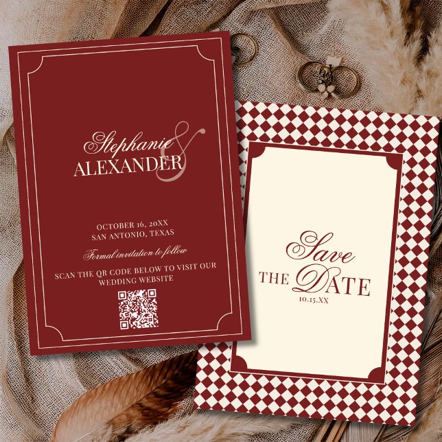 Deep Red Chequered Old Money QR Code Wedding Save The Date (Creator Uploaded)