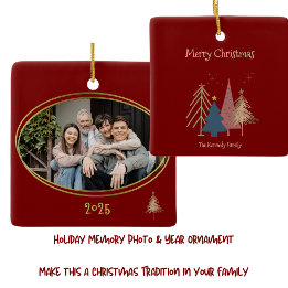 Deep Red Christmas Trees Family Photo Ceramic Ornament
