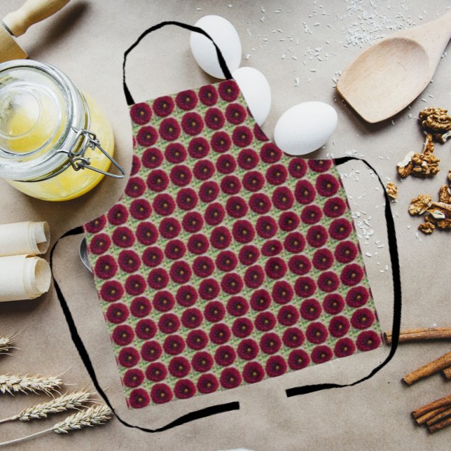 Deep Red Dahlia Floral Pattern Apron (In Situ Kitchen)
