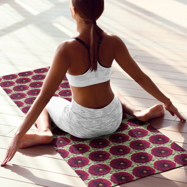 Deep Red Dahlia Floral Pattern Yoga Mat (In Situ (Person on Mat))