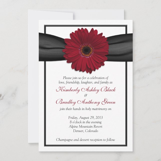 Deep Red Daisy Black Ribbon Wedding Invitation (Front)