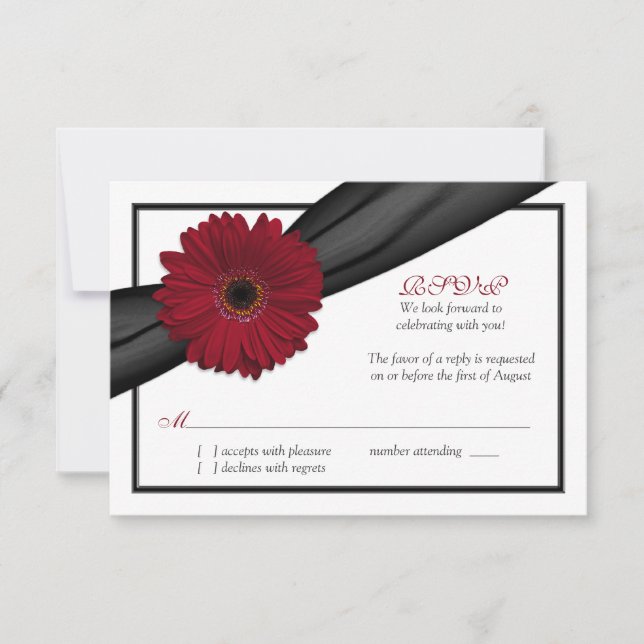 Deep Red Daisy Black Ribbon Wedding Reply Card (Front)