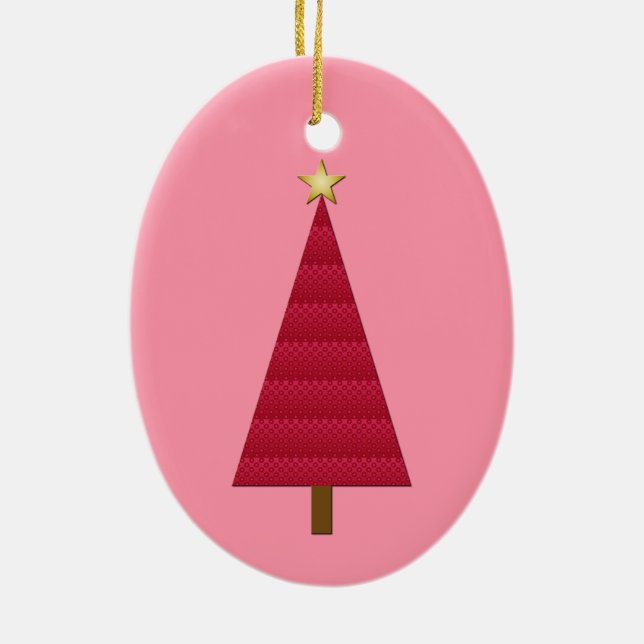 Deep red damask modern Christmas tree Ceramic Tree Decoration (Back)