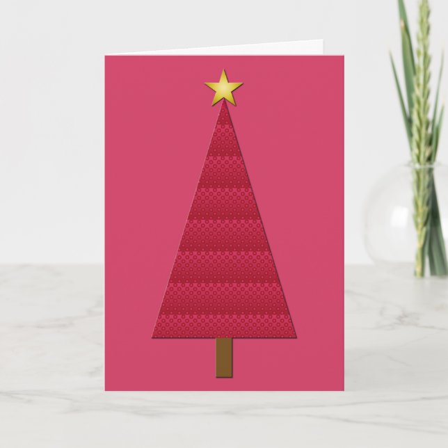 Deep red damask modern Christmas tree Holiday Card (Front)