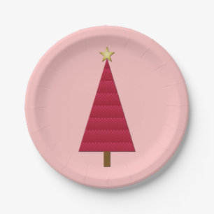 Deep red damask modern Christmas tree Paper Plate