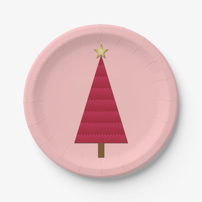 Deep red damask modern Christmas tree Paper Plate (Front)