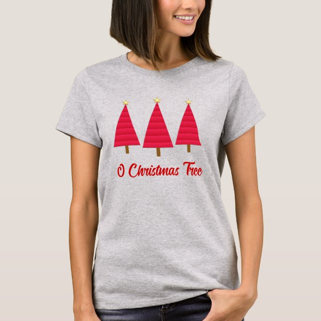 Deep red damask modern Christmas tree T-Shirt (Front)