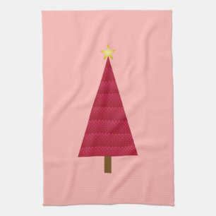 Deep red damask modern Christmas tree Tea Towel