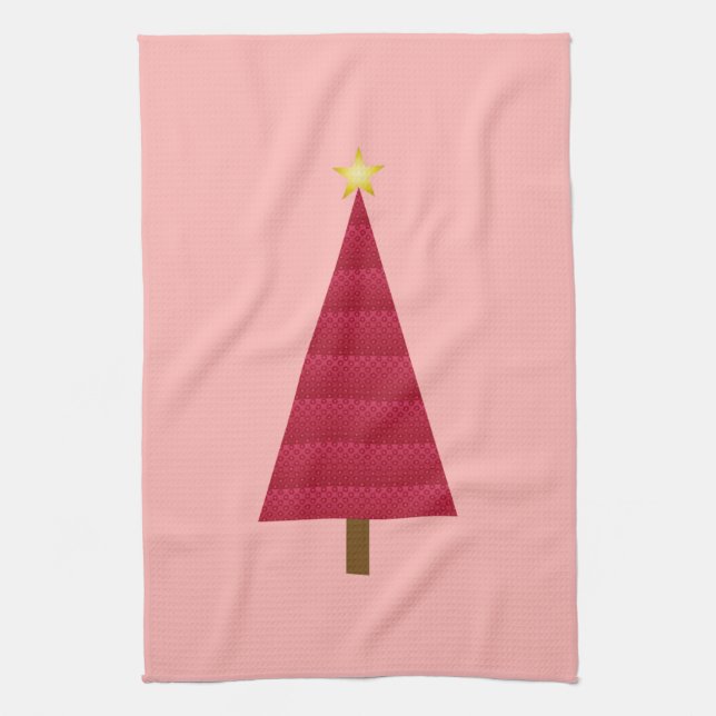 Deep red damask modern Christmas tree Tea Towel (Vertical)