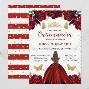 Deep Red Dress Brunette Princess Quinceanera Invitation