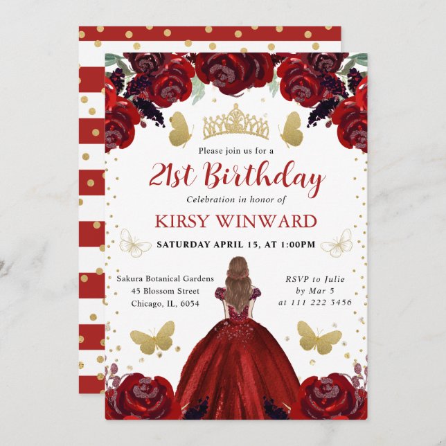 Deep Red Dress Red Hair Princess Birthday Invitation (Front/Back)