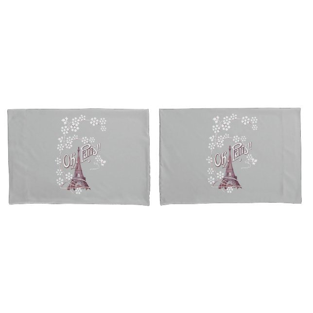 Deep Red Eiffel Tower Illustration Oh Paris Grey Pillowcase (Front-Set)