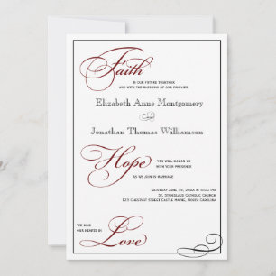 Deep Red Faith Hope Love Script Wedding Invitation