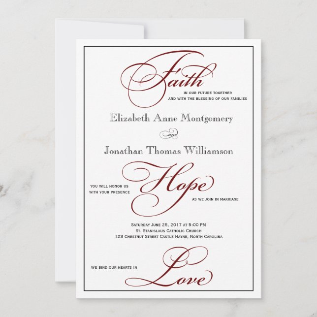 Deep Red Faith Hope Love Script Wedding Invitation (Front)