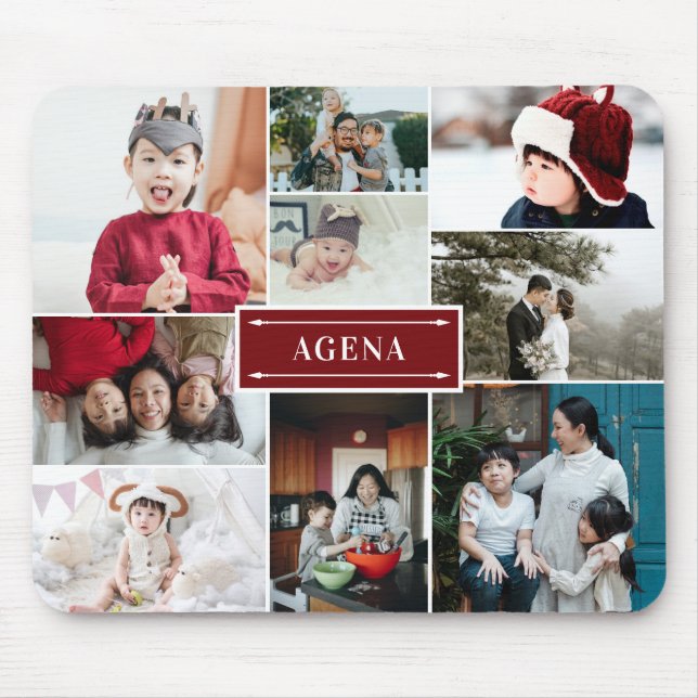 Deep Red Family Photo Collage & Name Mouse Mat (Front)