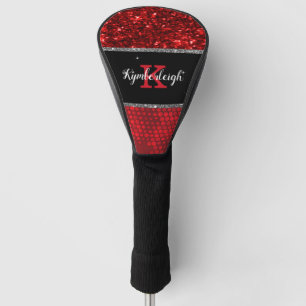 Deep Red Faux Glitter Lights Monogram Name  Golf Head Cover