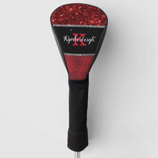 Deep Red Faux Glitter Lights Monogram Name  Golf Head Cover (Front)