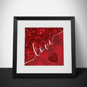 Deep Red Faux Glitter Lights Poster